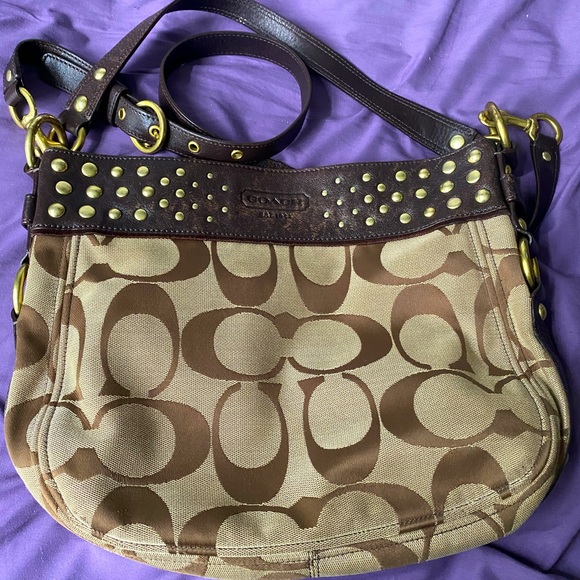 COACH Zoe Signature Hobo Bag Jacquard Khaki & brown Leather Purse - Picture 1 of 4